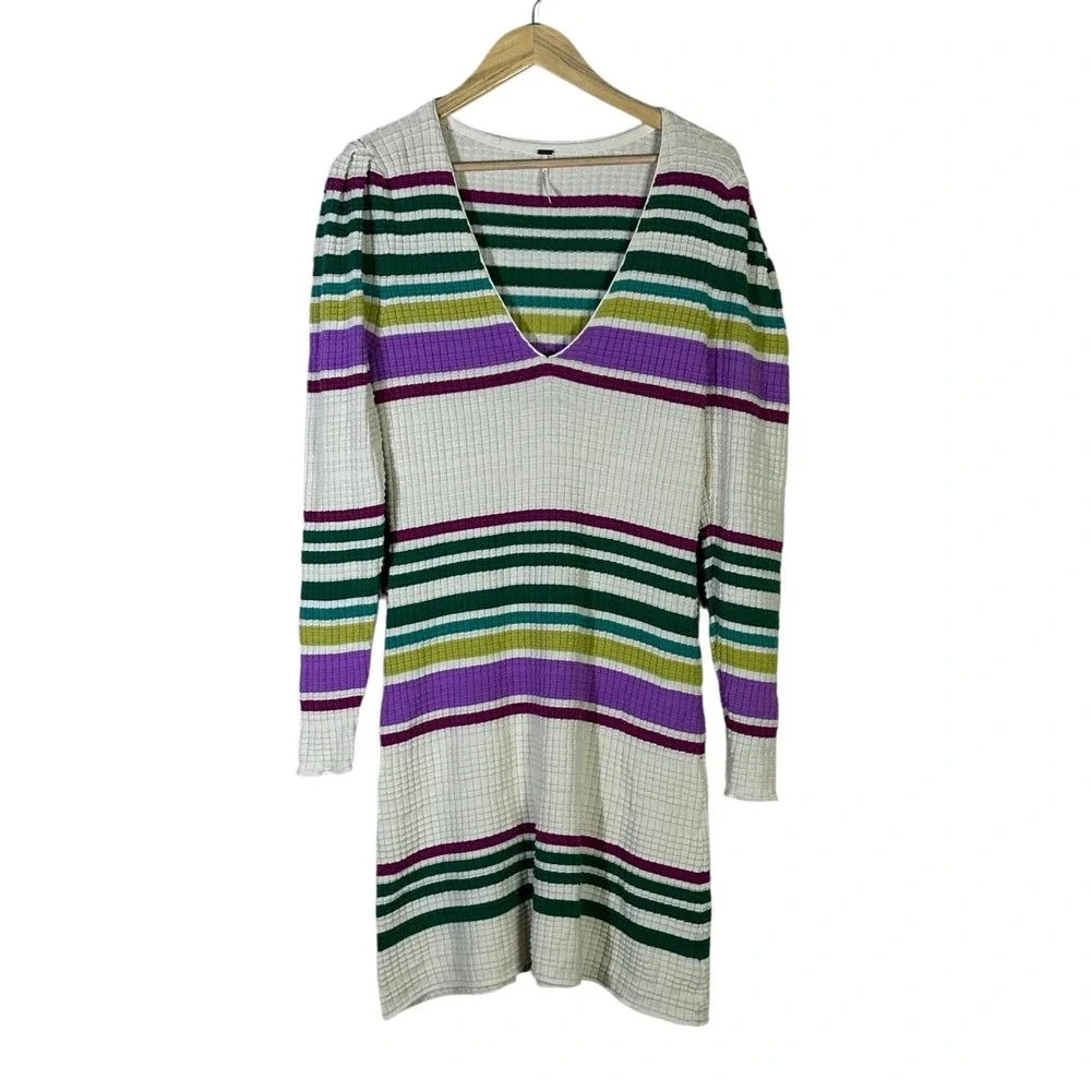 Free People Wide Eyed Striped Waffle Knit Mini Dress Multi Color Boho Size S